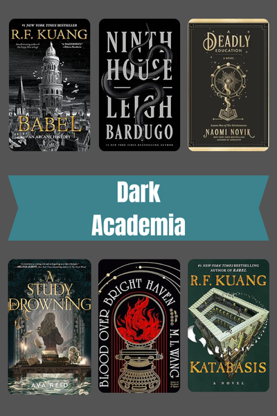 Dark Academia book covers for Babel, Ninth House, A Deadly Education, A Study in Drowning, Blood Over Bright Haven, and Katabasis